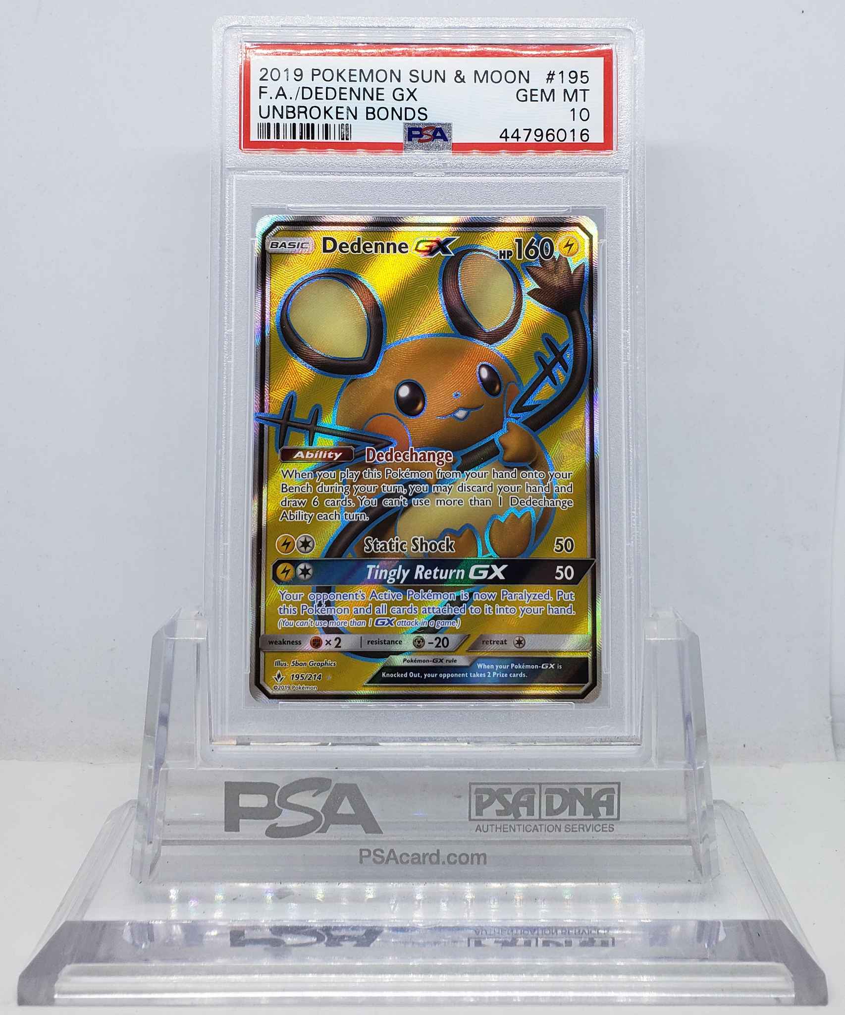 Pokemon Dedenne GX Unbroken Bonds 195a//214 Full Art Holo Mint