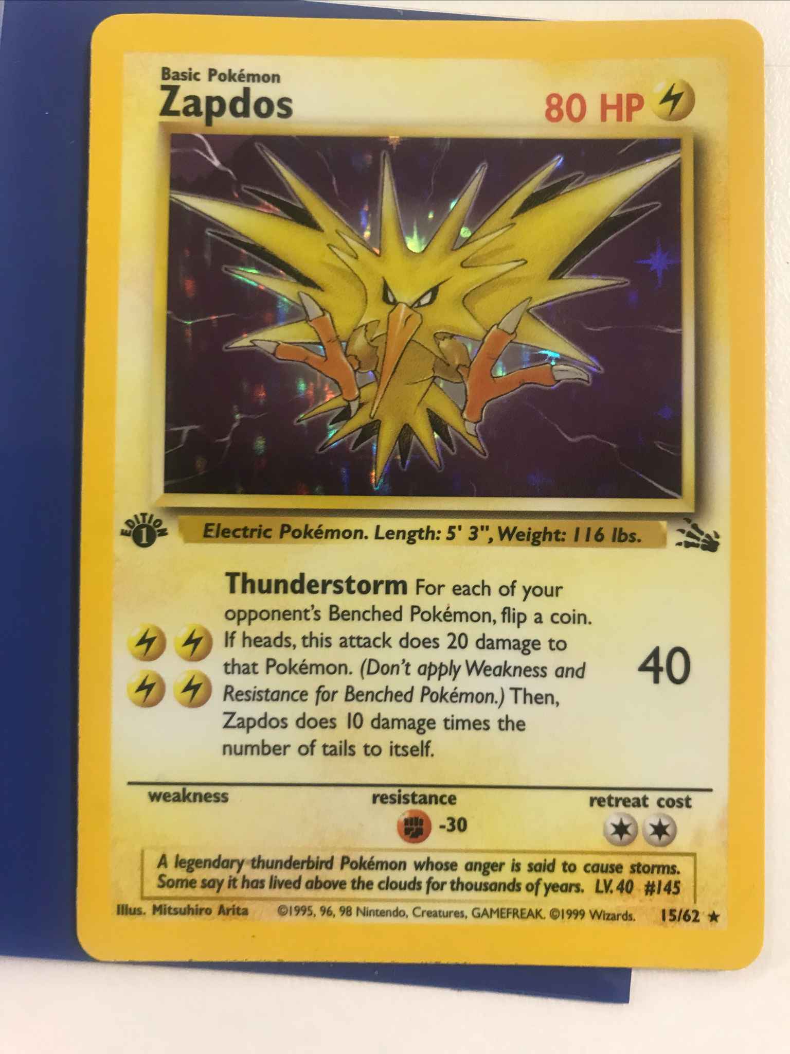 Zapdos 1st Edition Error Card Zapdos 15 Fossil Pokemon