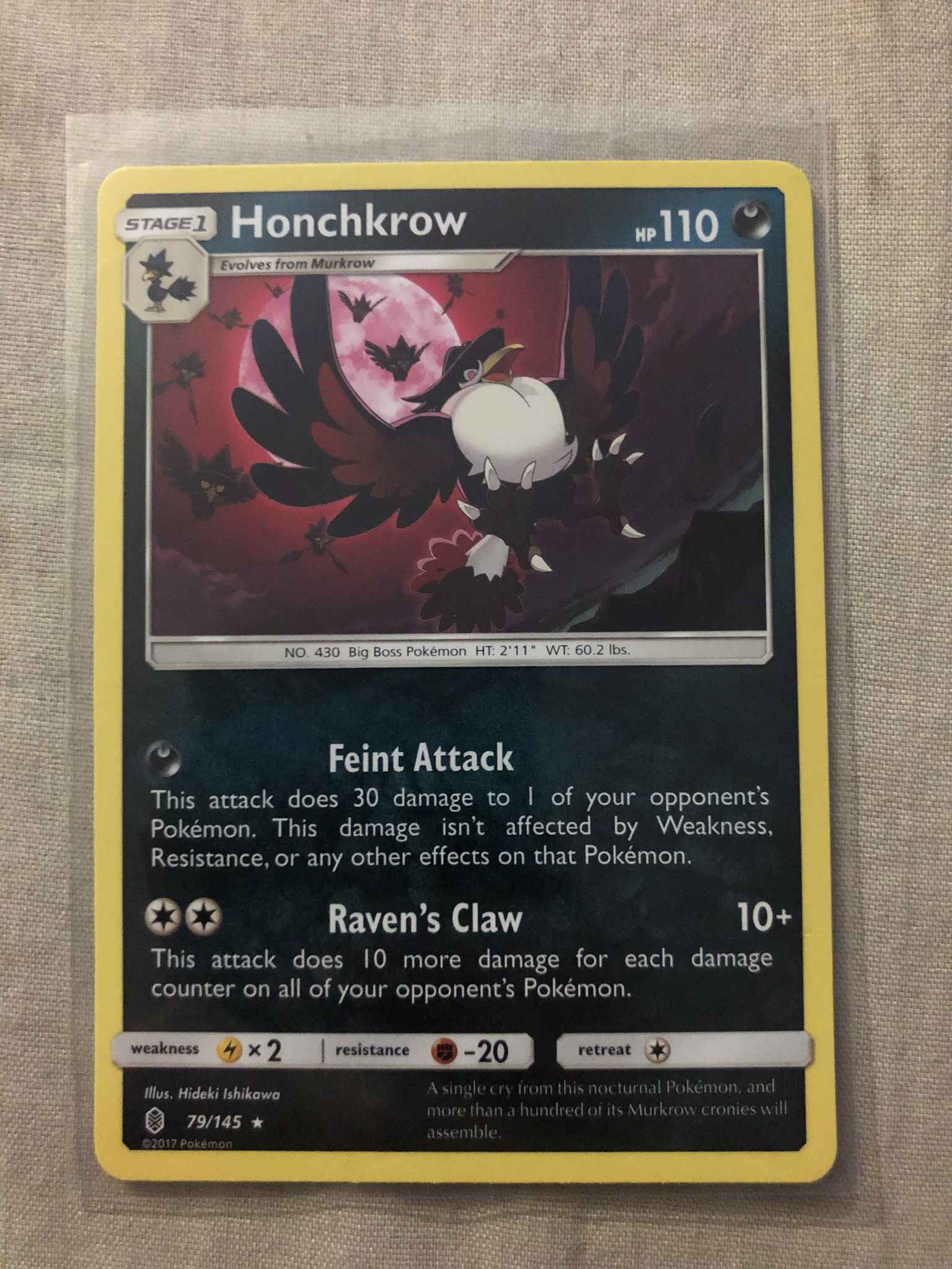 NM/M TCG Honchkrow 79/145 Regular Rare Pokémon Sun & Moon Guardians Rising